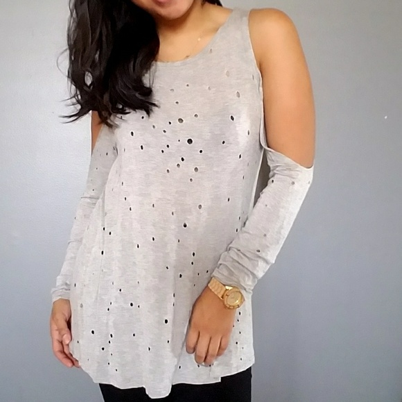 🍁BOGO🍁GRAY PERFORATED COLD SHOULDER TOP - Picture 3 of 6